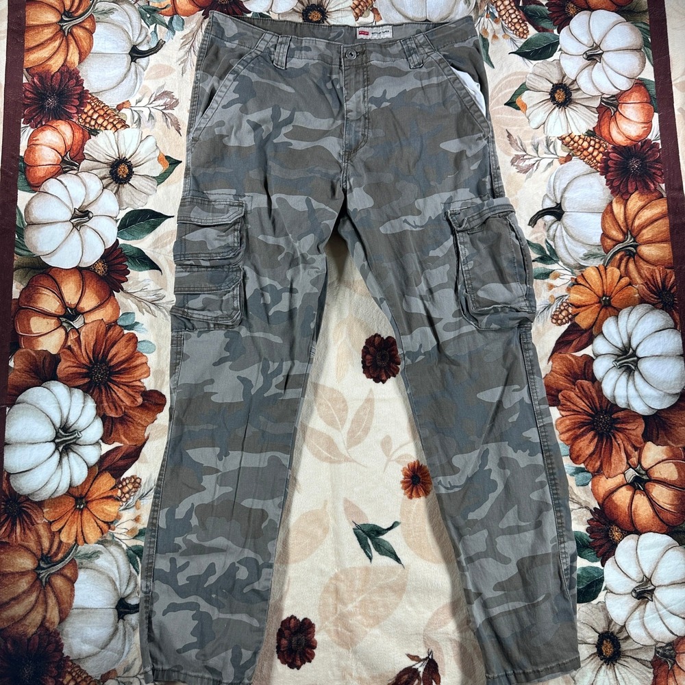 Wrangler Mens Gray Camo Cargo Pants Regular Taper Stretch Hiking Outdoor 34x30